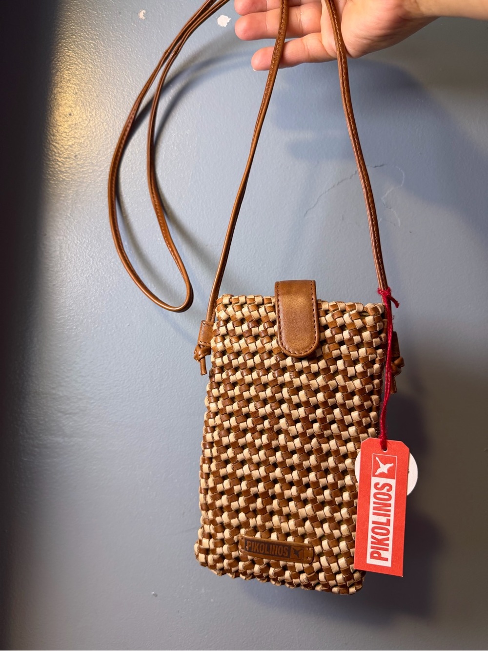 PIKOLINOS Woven Crossbody Bag in Brown and Cream